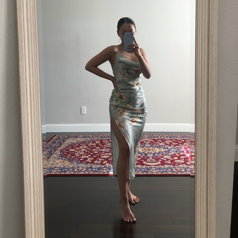 SHEIN Satin Floral Print Cami Midi Dress